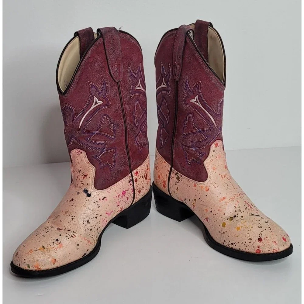 Old‎ West Kids Girls Cowboy Boots Size 2.0 D VR9129 Paint Splatter Pattern Pink